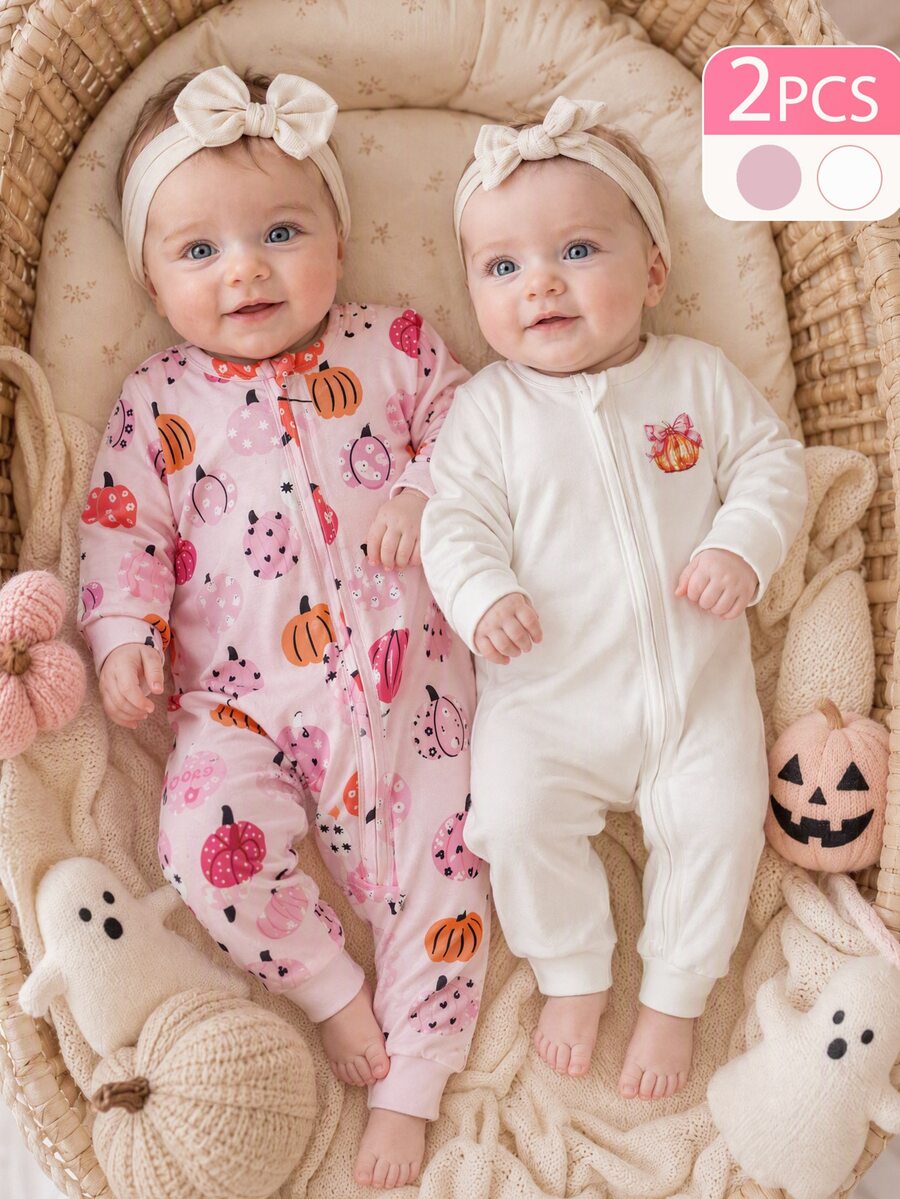 SHEIN Vintaside Kids 2件組女嬰新生兒南瓜印花針織連身衣,休閒可愛舒適百搭,肩扣開襟、胯部開口易穿脫爬行連身衣 - 粉色 - 查看 1