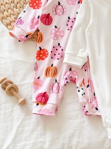SHEIN Vintaside Kids 2件組女嬰新生兒南瓜印花針織連身衣，休閒可愛舒適百搭，肩扣開襟、胯部開口易穿脫爬行連身衣 - 粉色 - 查看 8