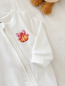 SHEIN Vintaside Kids 2件組女嬰新生兒南瓜印花針織連身衣，休閒可愛舒適百搭，肩扣開襟、胯部開口易穿脫爬行連身衣 - 粉色 - 查看 7