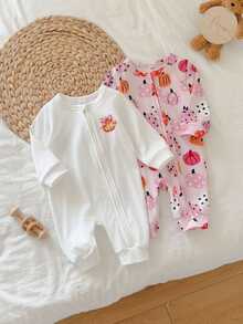 SHEIN Vintaside Kids 2件組女嬰新生兒南瓜印花針織連身衣，休閒可愛舒適百搭，肩扣開襟、胯部開口易穿脫爬行連身衣 - 粉色 - 查看 5