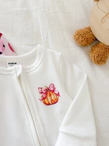 SHEIN Vintaside Kids 2件組女嬰新生兒南瓜印花針織連身衣，休閒可愛舒適百搭，肩扣開襟、胯部開口易穿脫爬行連身衣 - 粉色 - 查看 9
