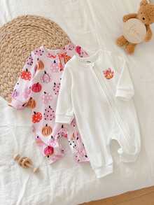 SHEIN Vintaside Kids 2件組女嬰新生兒南瓜印花針織連身衣，休閒可愛舒適百搭，肩扣開襟、胯部開口易穿脫爬行連身衣 - 粉色 - 查看 6