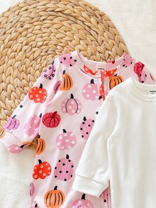 SHEIN Vintaside Kids 2件組女嬰新生兒南瓜印花針織連身衣，休閒可愛舒適百搭，肩扣開襟、胯部開口易穿脫爬行連身衣 - 粉色 - 查看 10