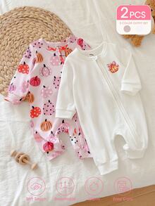 SHEIN Vintaside Kids 2件組女嬰新生兒南瓜印花針織連身衣，休閒可愛舒適百搭，肩扣開襟、胯部開口易穿脫爬行連身衣 - 粉色 - 查看 3