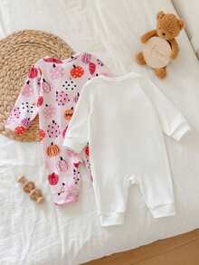 SHEIN Vintaside Kids 2件組女嬰新生兒南瓜印花針織連身衣，休閒可愛舒適百搭，肩扣開襟、胯部開口易穿脫爬行連身衣 - 粉色 - 查看 2