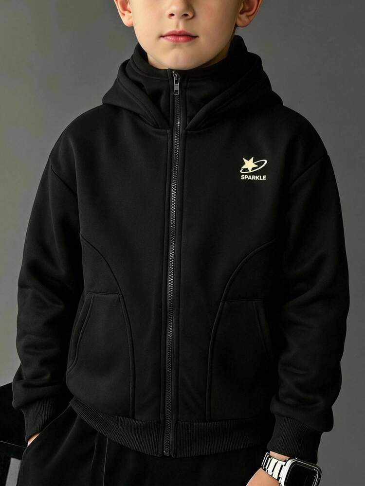 SHEIN Kids Tween Bo Black Double-Sided Cap Street Style Black Sweatshirt, Casual College Comfortable Fashion Minimalist Practical Versatile Soft Fabric Suitable For Daily Wear, School, Travel, Outdoor Sports, All Seasons - Black - View 5