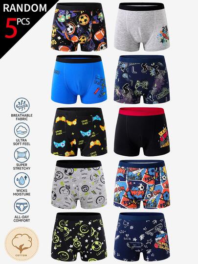 [5 Random Piece] Boys Soft Cotton Boxer Briefs Assorted Graphic Prints Elastic Stretch Waist Comfy Breathable Summer Kids Underwear Baby Blue