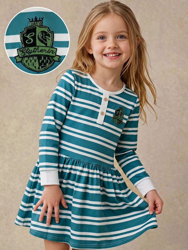 PrepCrw HARRY POTTER X SHEIN Young Girl Striped Patchwork Pleated Casual Daily Summer Dress