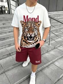 青少年男孩獨特動物虎紋印花休閒極簡短袖圓領T恤與短褲2件套，適合夏季、萬聖節、秋季校園 - 彩色 - 查看 1