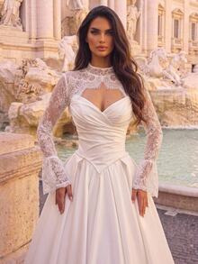 Glamrae Elegant Luxurious Stretch Lace Embroidered Jacket With Sheer Sleeves, Satin Ruched Oversized Flared Hem And Train, Sexy Strapless Bodice, Suitable For Wedding, Party, Bachelorette, Vacation, Prom, Holiday, Bridal Wear - White - View 5