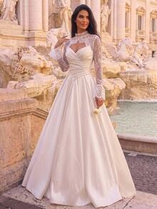 Glamrae Elegant Luxurious Stretch Lace Embroidered Jacket With Sheer Sleeves, Satin Ruched Oversized Flared Hem And Train, Sexy Strapless Bodice, Suitable For Wedding, Party, Bachelorette, Vacation, Prom, Holiday, Bridal Wear - White - View 6