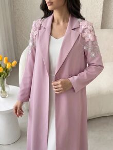 Yasmyna Women's 3D Floral Decor Beaded Button Pink Abaya - Pink - View 1