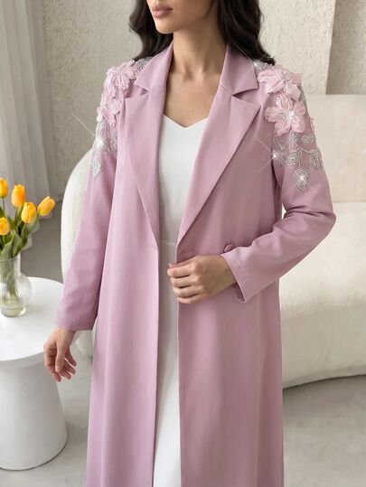 Yasmyna Abaya rose pour femmes avec décoration florale 3D et boutons perlés