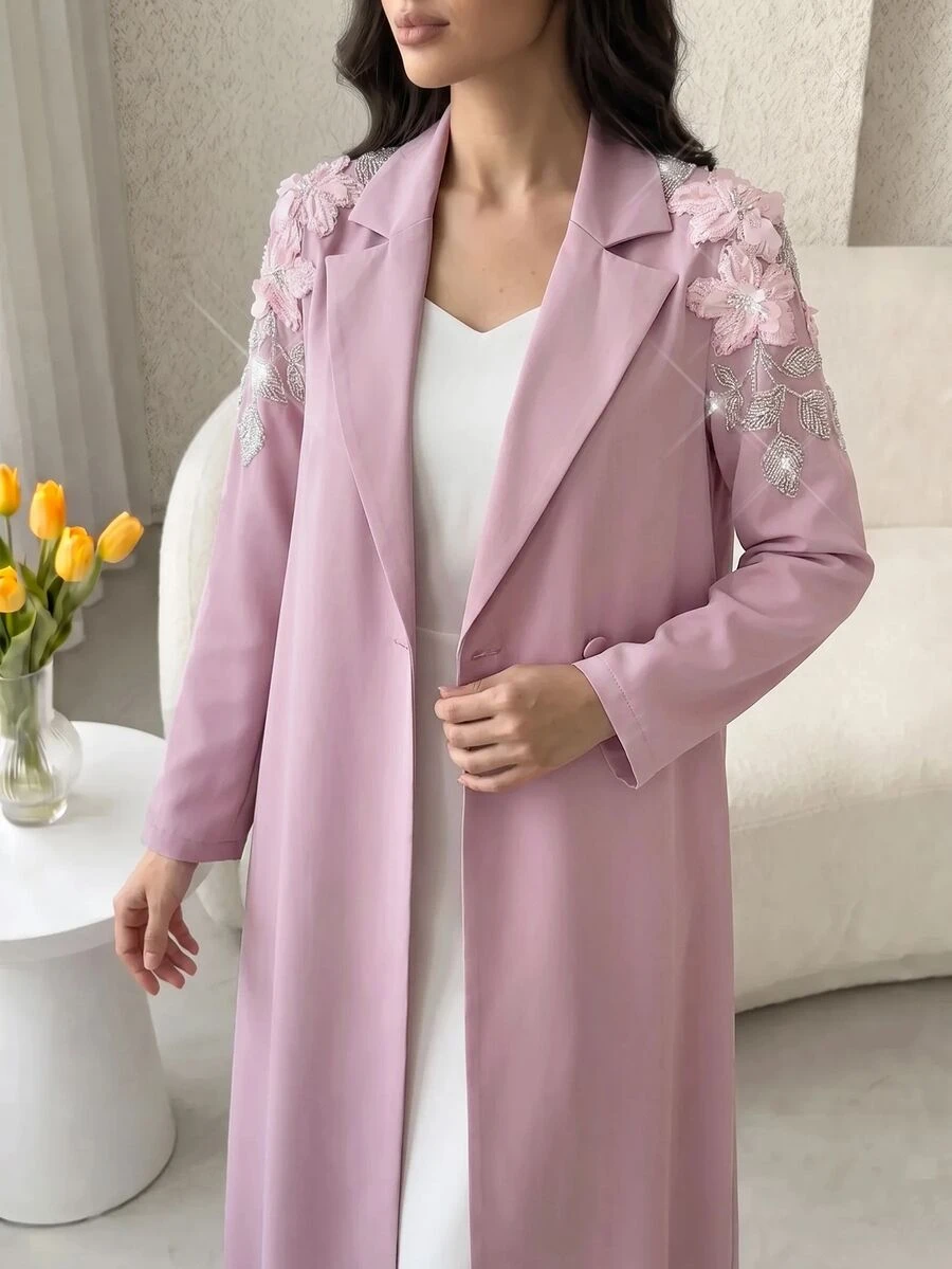 Yasmyna Women's 3D Floral Decor Beaded Button Pink Abaya - Pink - View 1
