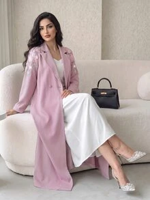 Yasmyna Women's 3D Floral Decor Beaded Button Pink Abaya - Pink - View 5