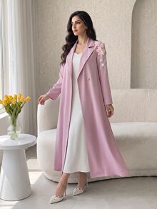 Yasmyna Women's 3D Floral Decor Beaded Button Pink Abaya - Pink - View 6