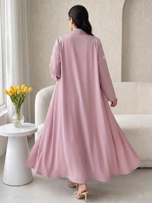 Yasmyna Women's 3D Floral Decor Beaded Button Pink Abaya - Pink - View 2