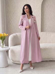 Yasmyna Women's 3D Floral Decor Beaded Button Pink Abaya - Pink - View 3