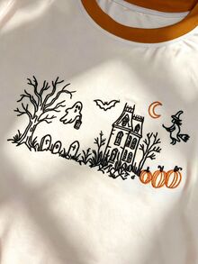 Lalippa 女款萬聖節 T-shirt 流行款南瓜幽靈屋刺繡奶油色復古滾邊領 Y2K 風格秋季上衣 - 彩色 - 查看 5