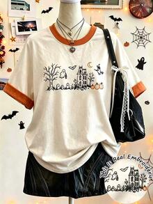 Lalippa 女款萬聖節 T-shirt 流行款南瓜幽靈屋刺繡奶油色復古滾邊領 Y2K 風格秋季上衣 - 彩色 - 查看 3