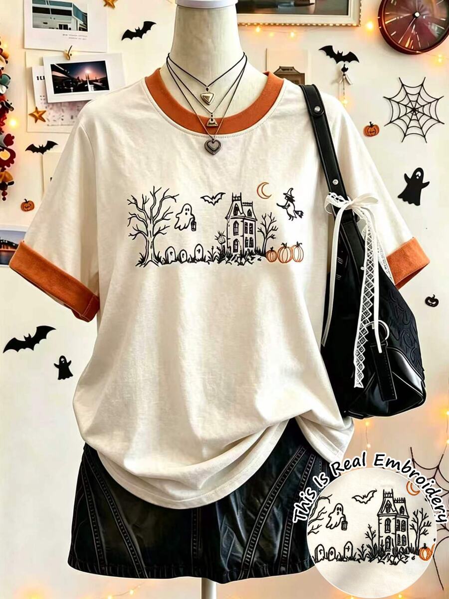 Lalippa Women's Halloween T-Shirt Trending Pumpkin Ghost House Embroidery Cream Vintage Ringer Tee Y2K Aesthetic Fall Tops - Multicolor - View 1