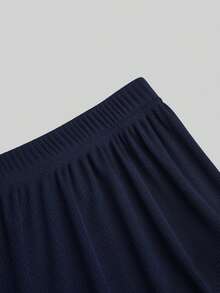 SHEIN Clasi CURVE 大尺碼女款純色對比藍白條紋拼接翻領短袖修身優雅日常 2 合 1 襯衫 T-shirt + 寬鬆休閒百搭長褲 2 件套 - 藍白色 - 查看 3