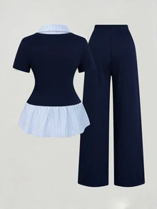 SHEIN Clasi CURVE 大尺碼女款純色對比藍白條紋拼接翻領短袖修身優雅日常 2 合 1 襯衫 T-shirt + 寬鬆休閒百搭長褲 2 件套 - 藍白色 - 查看 2