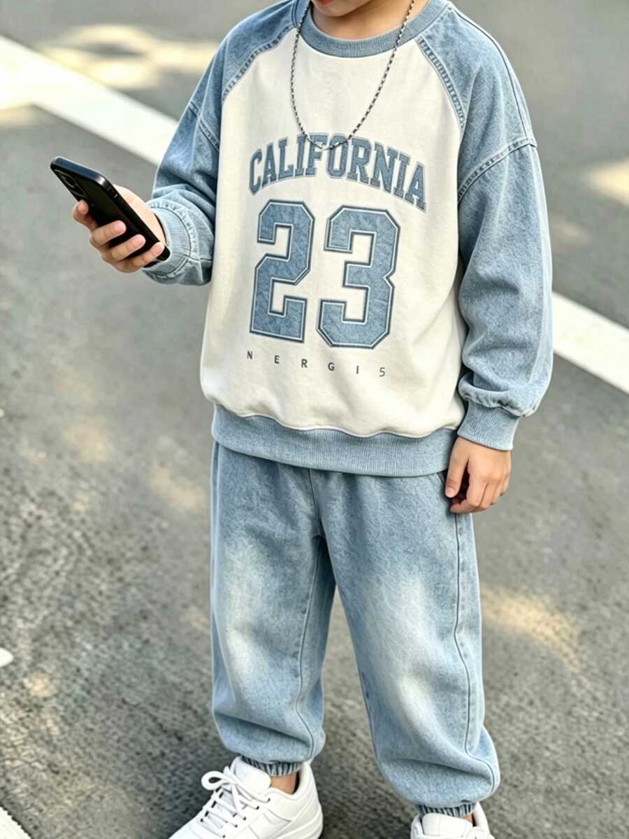 2件組青少年男孩休閒時尚舒適運動衫套裝,數位印花長袖上衣,秋冬穿著,白色圓領運動衫與運動長褲套裝 - 彩色 - 查看 1