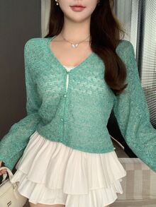 DAZY 女款V領寬鬆休閒短版針織開襟衫，輕量保暖秋季與冬季外套 - 青碧色 - 查看 4