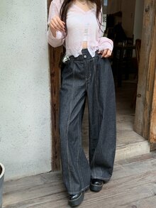 Livesso Celana Jeans Wanita Bergaris Pinggang Elastis Longgar Gaya Jalanan Musim Gugur - Biru - View 4