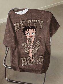 Betty Boop x SHEIN Plus Size Summer Casual Cartoon Leopard Print Letter Graphic T-Shirt - White - View 1