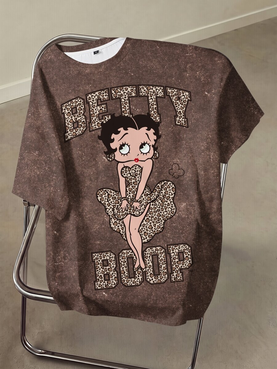 Betty Boop x SHEIN Plus Size Summer Casual Cartoon Leopard Print Letter Graphic T-Shirt - White - View 1