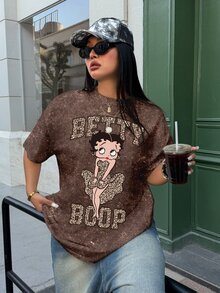 Betty Boop x SHEIN Plus Size Summer Casual Cartoon Leopard Print Letter Graphic T-Shirt - White - View 3