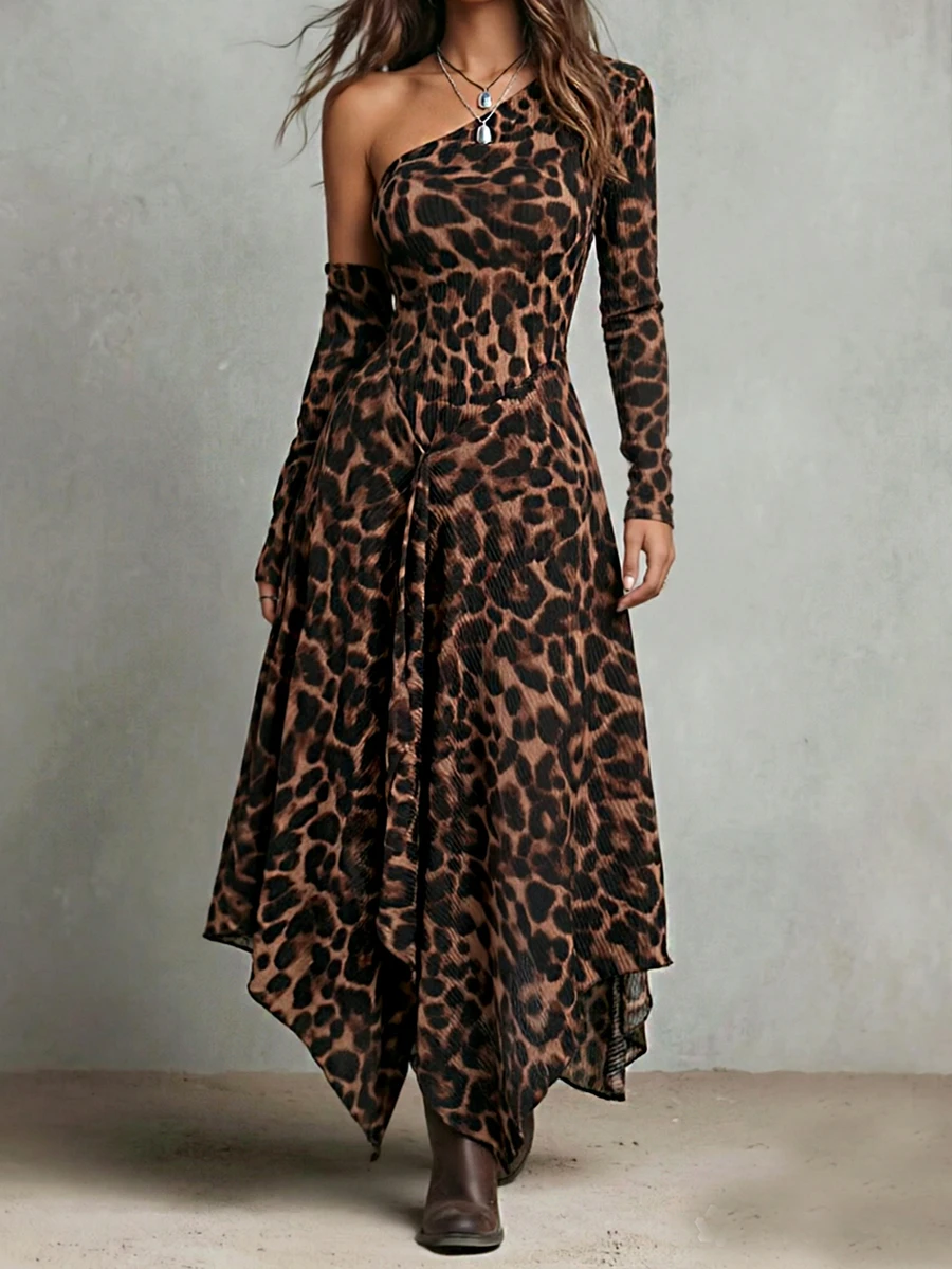 SHEIN Autumn/Winter Sexy Streetwear Fitted Long Sleeve Cold Shoulder Midi Dress - Multicolor - View 1