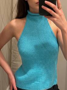 Siren Gaze 女款無袖掛脖針織上衣 水藍色、藍綠色 Y2K上衣 Y2K、演唱會穿搭、女款針織上衣、辣妹穿搭、秋季 - 水鴨藍 - 查看 11
