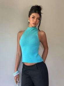 Siren Gaze 女款無袖掛脖針織上衣 水藍色、藍綠色 Y2K上衣 Y2K、演唱會穿搭、女款針織上衣、辣妹穿搭、秋季 - 水鴨藍 - 查看 6