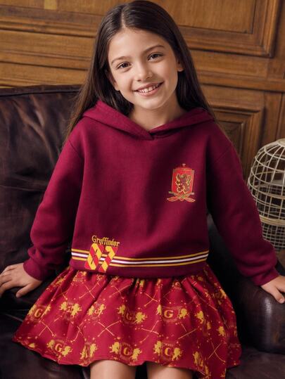 PrepCrw HARRY POTTER X SHEIN Moletom com Capuz Solto de Manga Longa para Menina Pré-Adolescente em Bordô, Estampa Total com Contraste em Vermelho e Amarelo, Estilo Casual Esportivo Preppy, Estudante Escolar Outono