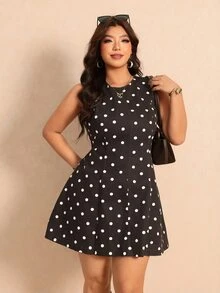 GalTyme Plus Size Women's Polka Dot Casual Daily Summer Denim Dress - Brown - View 9