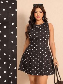 GalTyme Plus Size Women's Polka Dot Casual Daily Summer Denim Dress - Brown - View 2