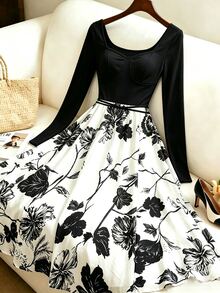 SHEIN Franclia Women's Printed Long Sleeve Dress, Colorful Patchwork, Casual Holiday Style - Black - View 6