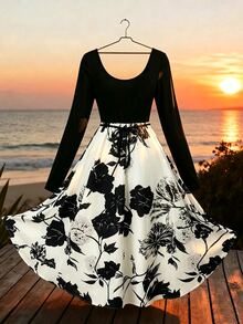 SHEIN Franclia Women's Printed Long Sleeve Dress, Colorful Patchwork, Casual Holiday Style - Black - View 2
