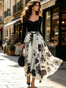 SHEIN Franclia Women's Printed Long Sleeve Dress, Colorful Patchwork, Casual Holiday Style - Black - View 1