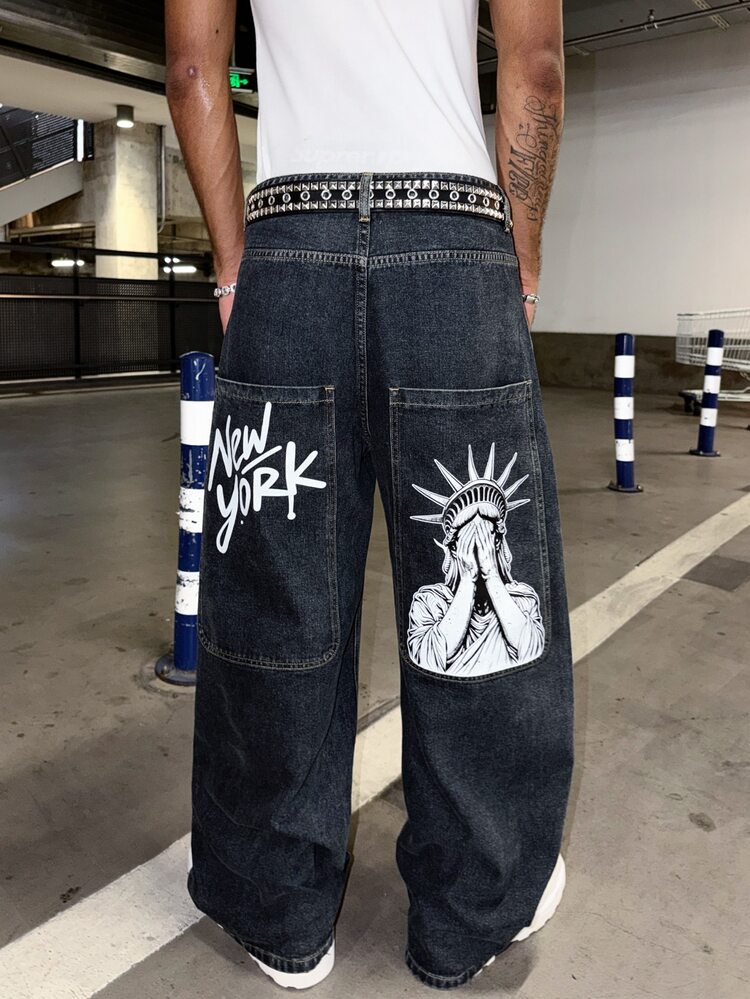 Manfinity EMRG Men Retro Deep Blue Extra Large Pocket Street Print Baggy Wide Leg Jeans Hip Hop Loose Denim Pants - Navy Blue - View 7
