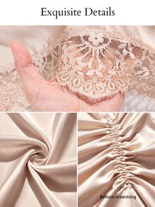 SOLERSUN Large Solid Color Satin Shimmering Fabric, Off-Shoulder Drawstring Lace Trim Loose Party Maxi Dress - Apricot - View 4