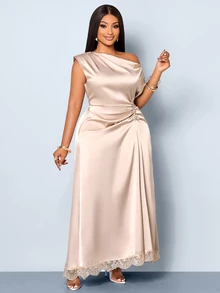 SOLERSUN Large Solid Color Satin Shimmering Fabric, Off-Shoulder Drawstring Lace Trim Loose Party Maxi Dress - Apricot - View 7