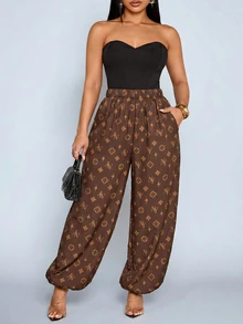 SOLERSUN بنطلون مقاس كبير بطبعة حروف، فخم خفيف، فضفاض وكاجوال، بسيط وعملي للاستخدام اليومي والتنقل، للخريف - بني - مشاهدة 5