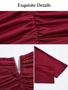 SOLERSUN Plus Size Women's Burgundy Elegant Off-Shoulder Long Sleeve Ruched Fitted Midi Dress With Metallic V-Neckline, Date Party Dress Fall - Burgundy - View 7