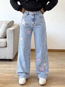 SHEIN ChillGRL Teen Girl Star Embroidery Wide Leg Jeans - Light Wash - View 6