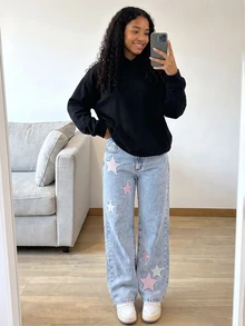 SHEIN ChillGRL Teen Girl Star Embroidery Wide Leg Jeans - Light Wash - View 5