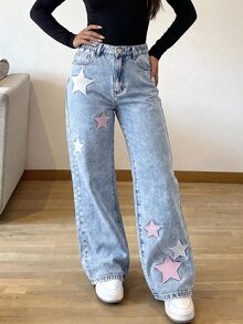 SHEIN ChillGRL Teen Girl Star Embroidery Wide Leg Jeans - Light Wash - View 4